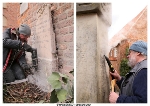 Restaurator Pablo Ortiz Eppe (linkes Bild) trennt hier den Gedenkstein vom Fundament, anschließend wird der Stein in einer Werkstatt und dort fachmännisch aufgearbeitet. Restaurator Boris Frohberg (rechtes Bild) reinigt zunächst die Oberfläche der Stele mit Wasserdampf, anschließend müssen je nach Tiefe der Verunreinigung weitere Mittel zum Einsatz kommen.